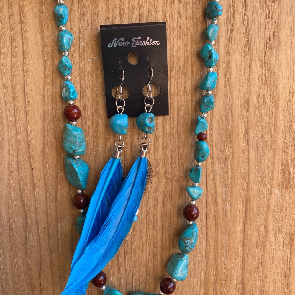 Turquoise Necklace Feather Skull Earring Set